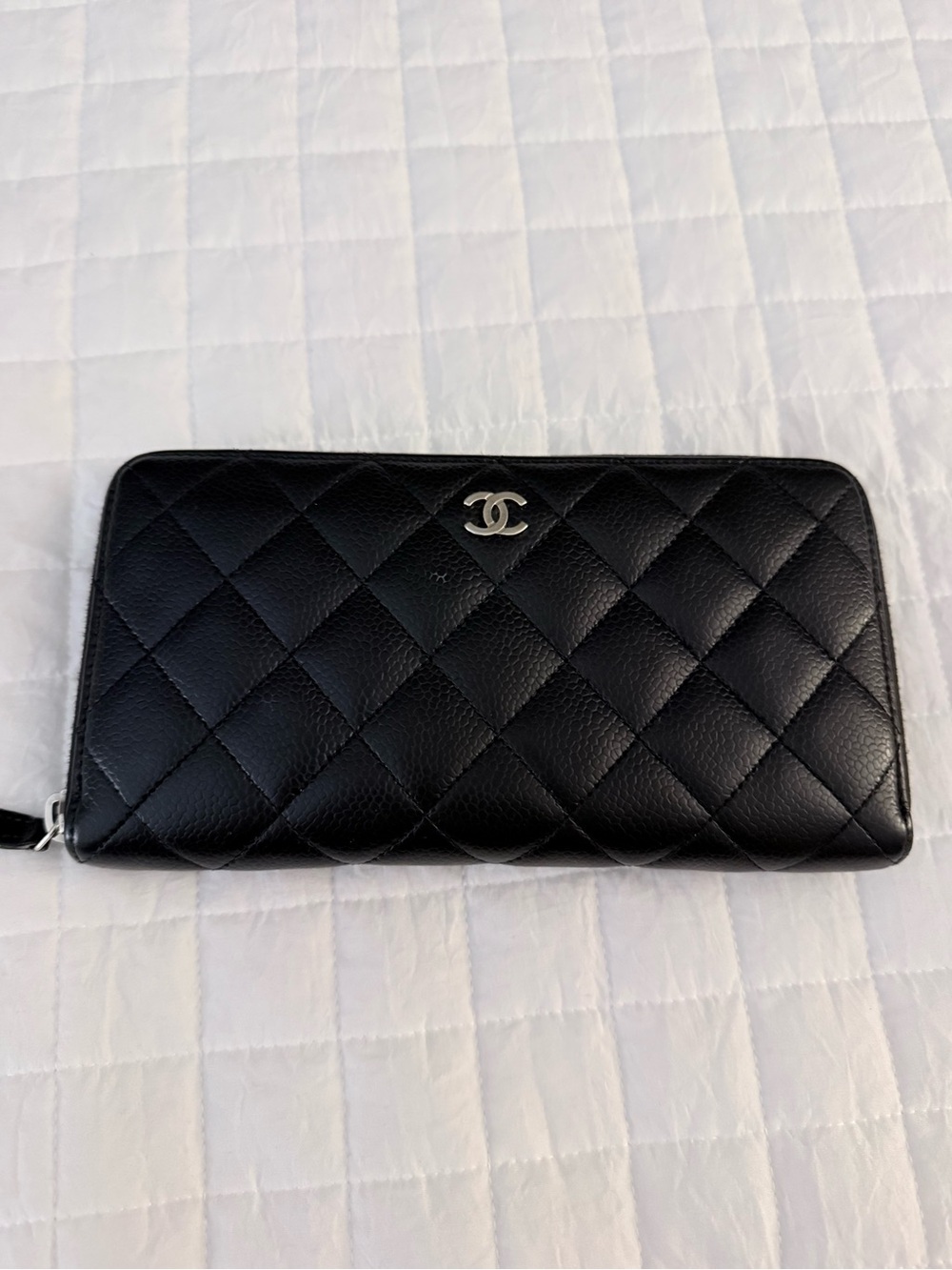 CHANEL Black Quilted Zip Wallet with Silver CC